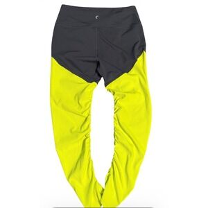Zyia Active Womens High Rise Parallel Luxe Ribbed Ruched Leggings Neon Yellow